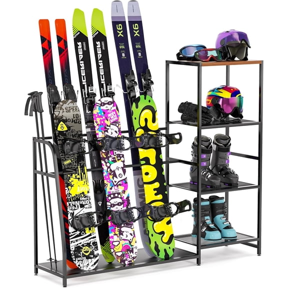 Ski-Snowboard Storage Rack Holder - Freestanding Ski Equipment Organizer Snowboard Boot Stand Garage Gear Storage