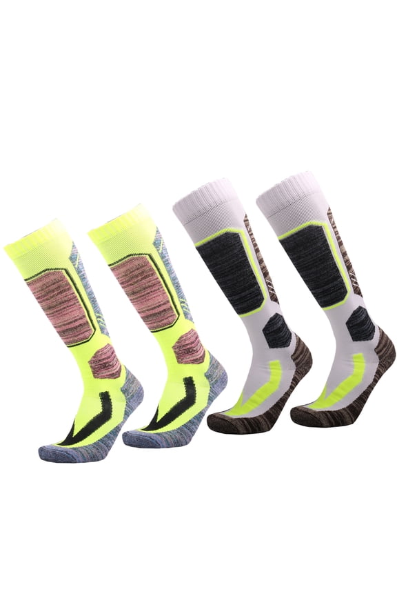 Ski Socks 2 Pairs,Ski Socks Outdoor Sports Thickened Mountaineering Socks Thermal Knee High Winter Snowboard Sport Socks Men Women, Hunting - Fluorescent Green + White