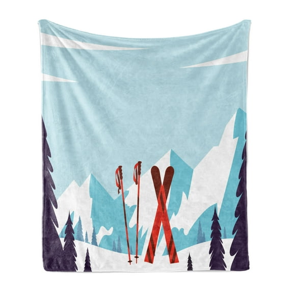 Ski Soft Flannel Fleece Throw Blanket, Ski Poles Dipped into Snow on a Snowy Mountainous Setting, Cozy Plush for Indoor and Outdoor Use, 50" x 70", Blue Dark Purple, by Ambesonne