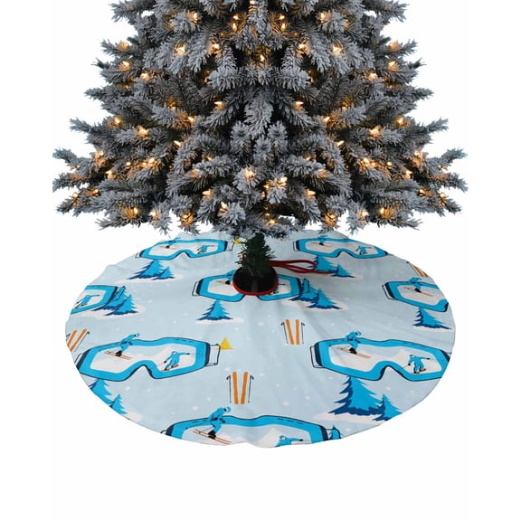 Ski Sport Christmas Tree Skirt 48 Inches Large Christmas Skirt Tree, Snow Mountain Blue Tree Winter Snowflake Tree Skirt Christmas Decorations for Fireplace Party Holidays Indoor Outdoor