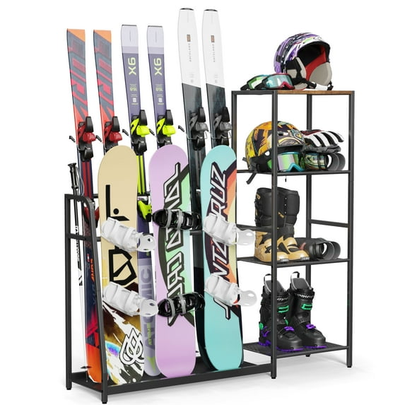 Ski Storage Rack for Garage, for 4 Pairs of Skis, 3 Pack of Snowboard, Ski Boot, Ski Poles, Goggles, Helmet, Indoor Ski Holder Racks for Home and Garage Storage
