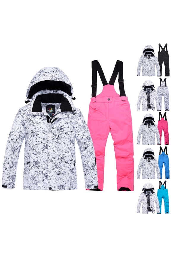 Ski Suit for Kids 6-14Years Unisex Children Ski Suit Outdoor Windproof Waterproof Puffer Hooded Jacket Warm Thickened Velvet Snowsuit Jumpsuits for Boys Girls