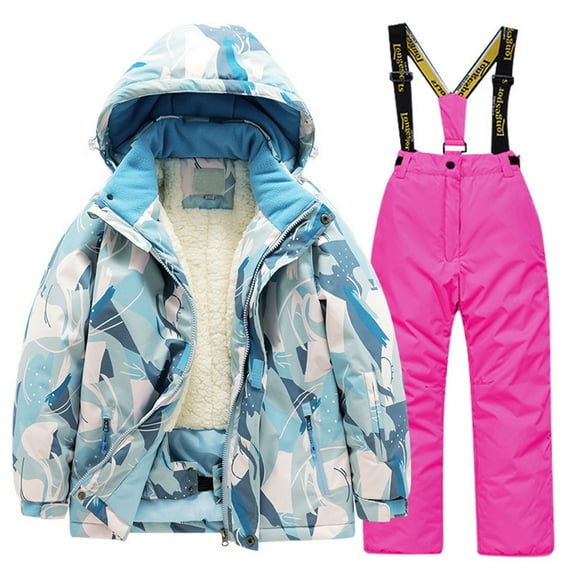 Ski Suit for Kids Ski Jacket Pants Set Solid Color Lined Ski Suit with Removable Hood Waterproof Windproof Winter Jacket for Girls 8-10 Years