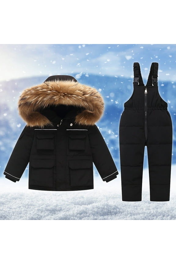 Ski Suits for Kids, Boys Girls Fashion Solid Color Down Jackets Keep Thickening Warm Outdoor Coat Jumpsuit Set