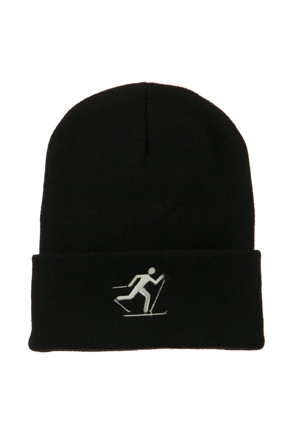 Ski Team Logo Embroidered Long Knit Beanie - Black OSFM