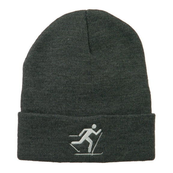 Ski Team Logo Embroidered Long Knit Beanie - Grey OSFM