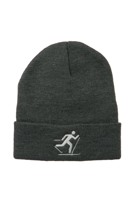 Ski Team Logo Embroidered Long Knit Beanie - Grey OSFM