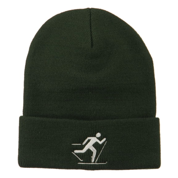 Ski Team Logo Embroidered Long Knit Beanie - Olive OSFM