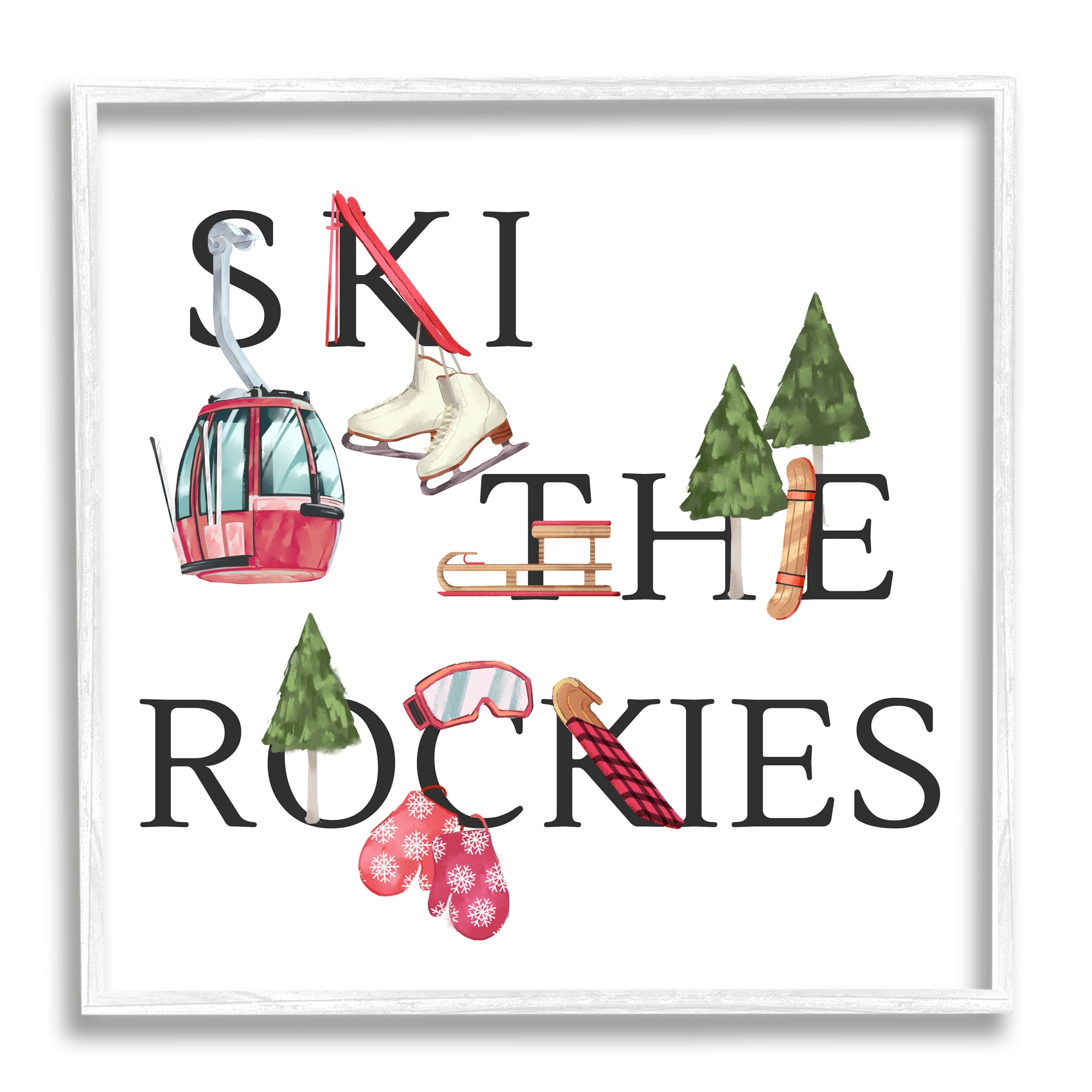 Ski The Rockies Winter Seasonal Sports Phrase Sports Framed Art Print Wall Art, 17x17
