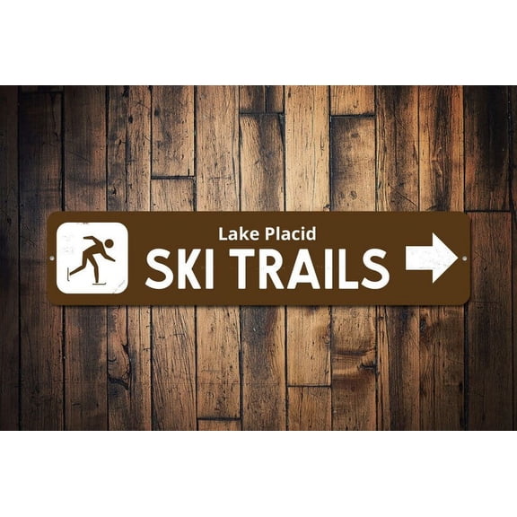 Ski Trails Arrow Sign Custom Skiier Skiing Lake Location Name Gift Park Recreation Metal Decor - Ski Trails - Size: 16 x 4 Inches