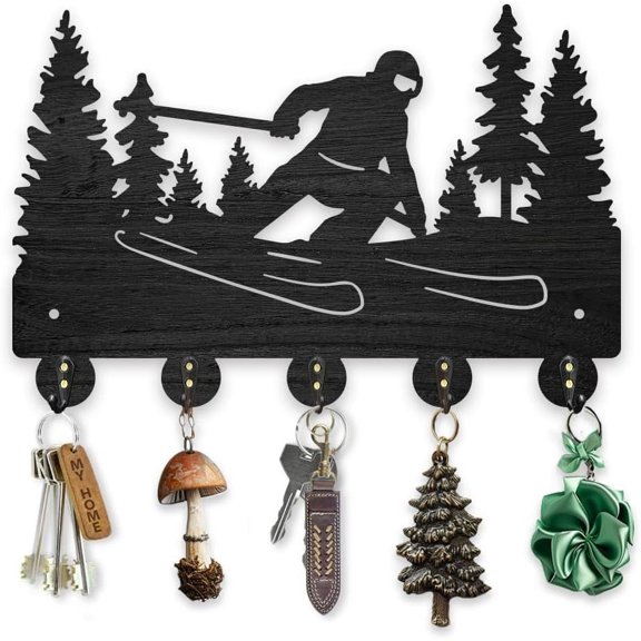 Ski Tree Coat Racks Wood Outdoor Winter Sports Key Holder Wall Mount 11.87.9inch Black Key Hooks Rack 5 Alloy Hooks Home Decor Gifts Entryway Kitchen Bathroom Storage Organizer