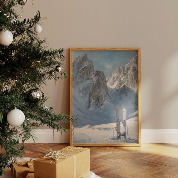Ski Wall Poster, Snowy Mountain Landscape With Skis In Winter Alps Scene, Rustic Lodge And Cabin Décor, Alpine Adventure Artwork, Art Print, Vintage Poster, Statement Art, Unfreamed 8x10