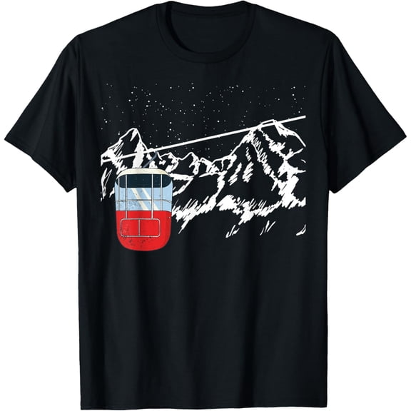 Ski lift gondola with stars, mountains, cable run, cable railway T-ShirtMen and women, Black T-shirt, size: Extra large