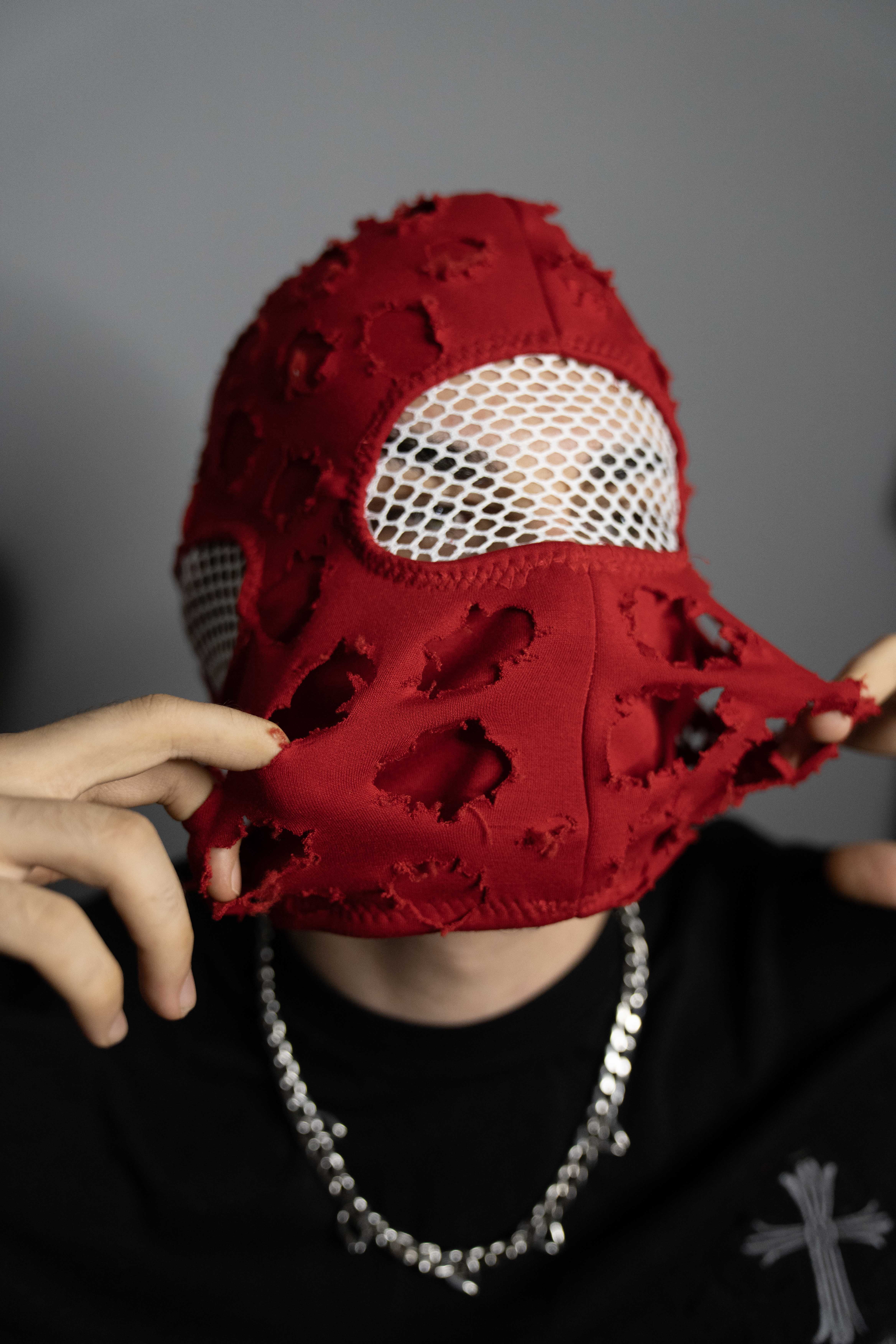 Ski mask and balaclava Red Charm Premium Double Layered Mask Round Frayed Edges, White Mesh Details Ideal for Motorcycle Riding, Skiing, Nightclub Wear."