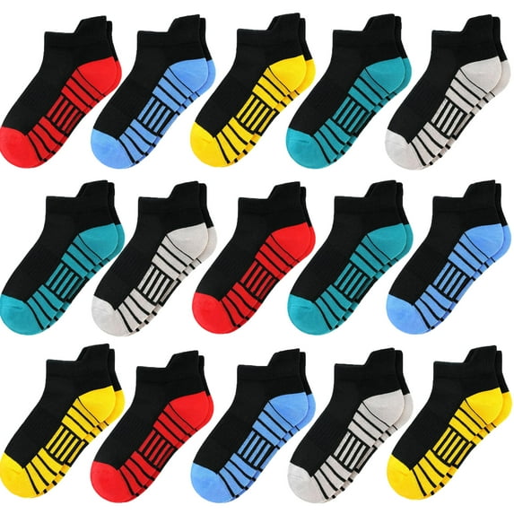 SkiBeaut 15 Pairs Boys Socks, Athletic Socks for Boys Ankle Sock Cotton Running Sock with Tab for Kids 3-14 Years
