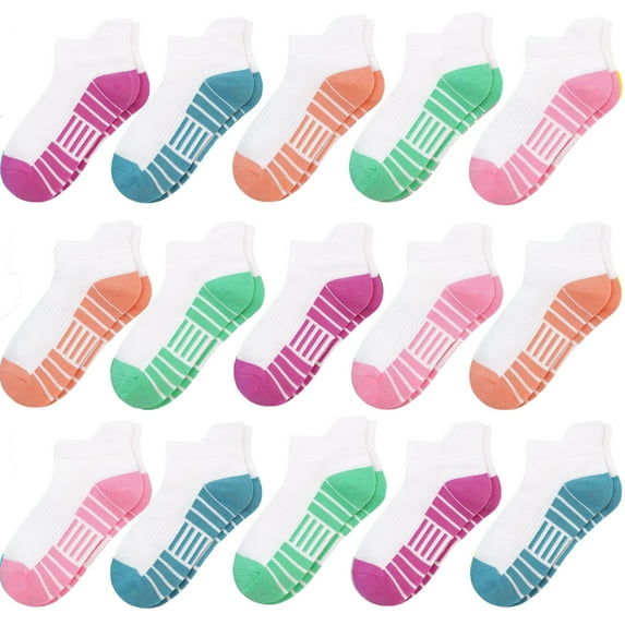 SkiBeaut 15 Pairs Girls Socks, Athletic Socks for Girls Ankle Sock Cotton Running Sock with Tab for Kids 3-14 Years