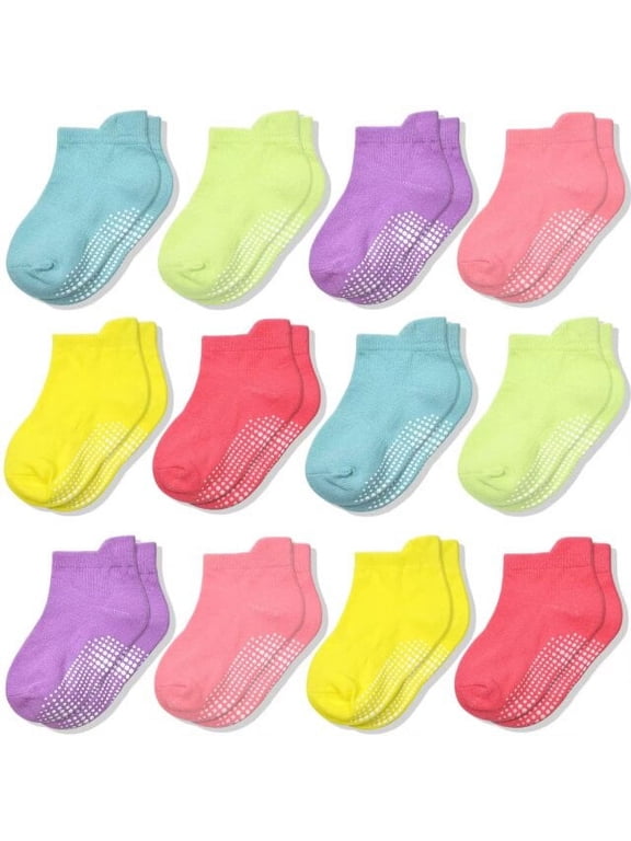Non Slip Toddler Socks 12 Pairs Ankle Socks with Grips for 0-7 Years Toddlers Baby Infant Kids Girls Boys
