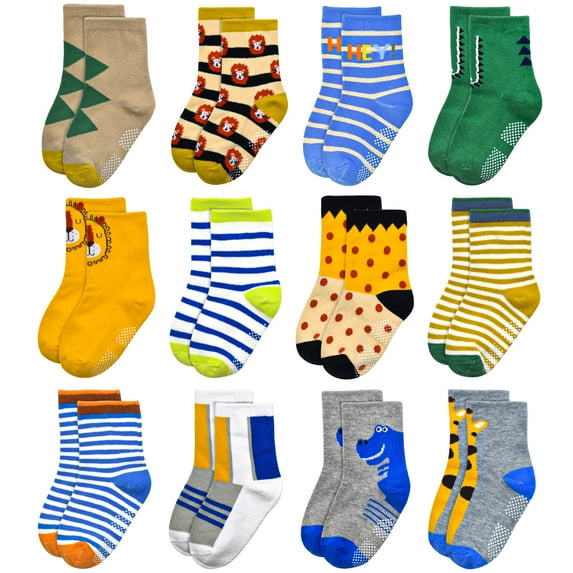 Skibeaut Baby Boys Socks with Grip Non Slip Toddler Socks Anti Skid Crew Socks for 0-7 Years Babies Infants Kids(12 Pairs)