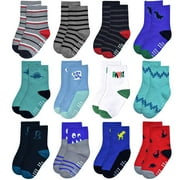 Skibeaut Baby Boys Socks with Grip Non Slip Toddler Socks Anti Skid Crew Socks for 0-7 Years Babies Infants Kids(12 Pairs)