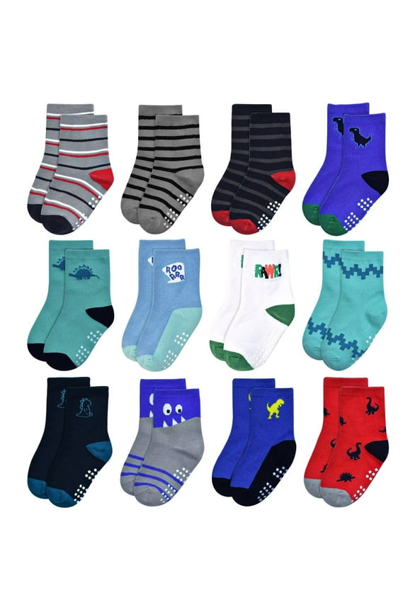 Baby Boys Socks with Grip Non Slip Toddler Socks Anti Skid Crew Socks for 0-7 Years Babies Infants Kids(12 Pairs)
