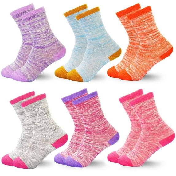 Skibeaut Girls Socks, Mid Calf Crew Socks 6 Pairs for Active Girls Boys Toddler Children 1-14 Years Old