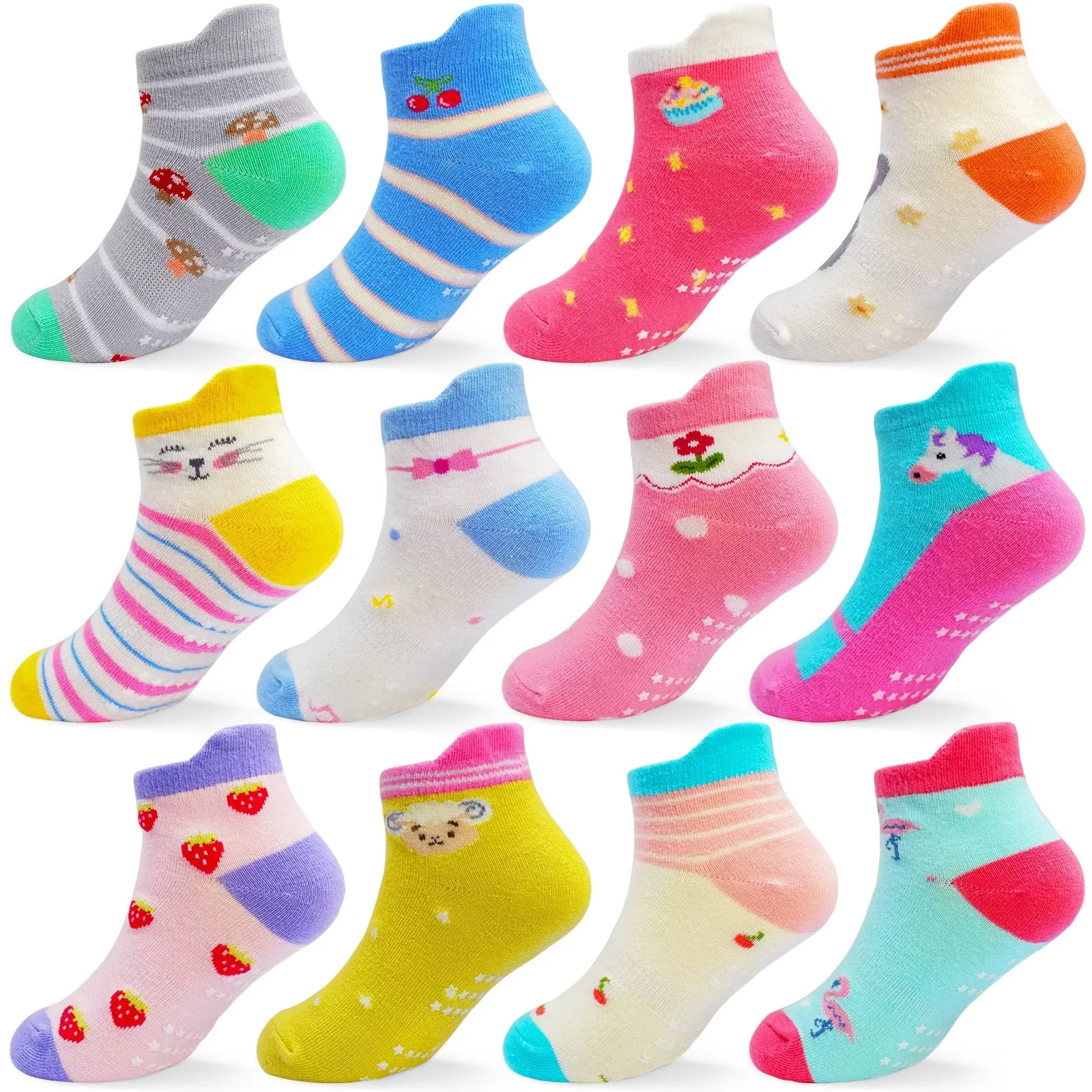 Kids Non Slip Socks Grip Ankle Sticky Toddler Socks 12 Pairs for 1-3/3-5/5-7 Years Boys Girls