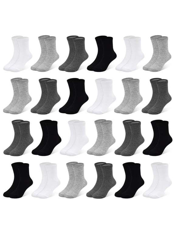 Boy Socks 24 Pairs Kids Socks for Boys Girls 1-14 Years Kids Crew Socks Multipack Athletic White Black Grey