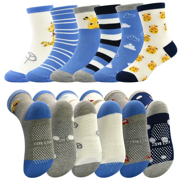 Skibeaut Toddler Socks with Grips Socks 12 Pack Boys Anti Skid Crew Sock for Baby Kids Cartoon Pattern