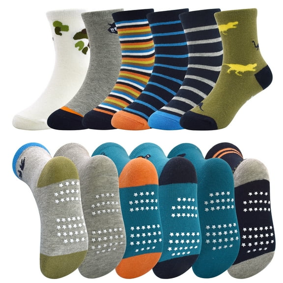 Skibeaut Toddler Socks with Grips Socks 12 Pack Boys Anti Skid Crew Sock for Baby Kids Cartoon Pattern