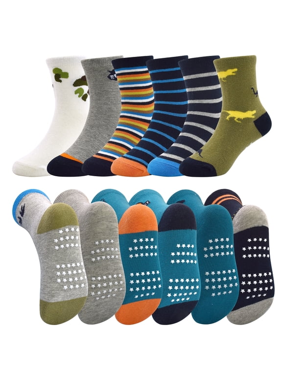 Toddler Socks with Grips Socks 12 Pack Boys Anti Skid Crew Sock for Baby Kids Cartoon Pattern