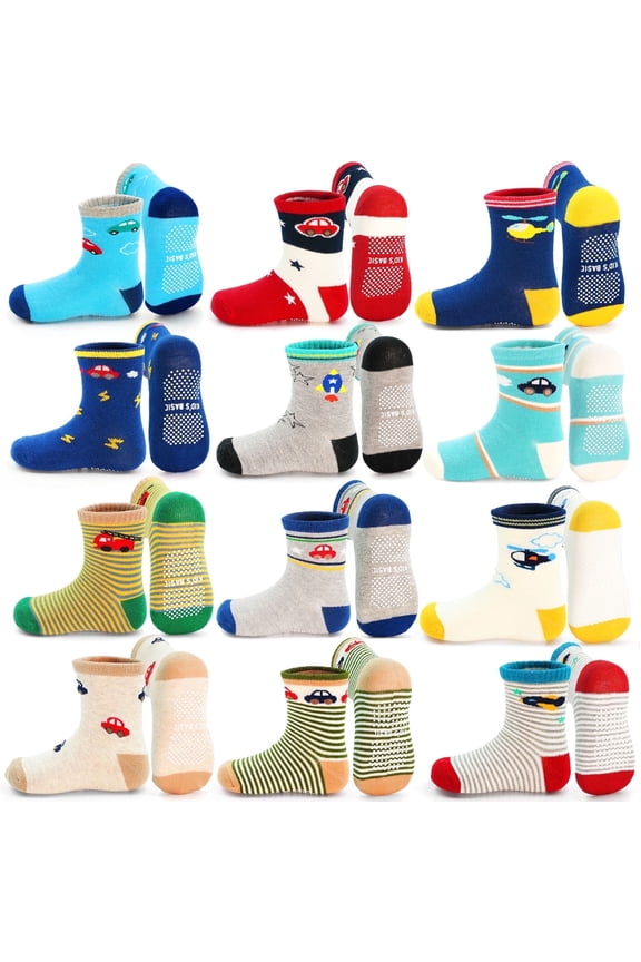 Toddler Grip Socks for Boys 12 Pairs Non Slip Baby Boy Sock with Grippers 1-7 Years Anti Skid Kids Crew Socks