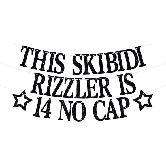 This Skibidi Rizzler is 14 No Cap Banner, Cheers to 14 Years/Bruh Its My 14th Birthday, Happy 14th Birthday Party Decorations Supplies for Teens Black Glitter