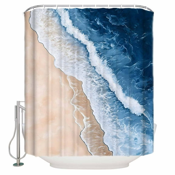 Extra Long Shower Curtain 72x84 Inch, Coastal Ocean Shower Curtain Waterproof Bathroom Decor Beach Water Sea Waves Blue Ombre Fabric Bath Curtain Set Accessories with Hooks