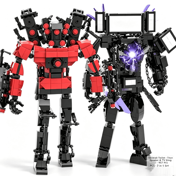 Skibidi Toilet Titan Speaker Man & Super TV King Building Set, 957 PCS 2-in-1 Collectible Robot Models, 25cm & 24cm Tall Action Figure Blocks Toys for Boys Age 8-14