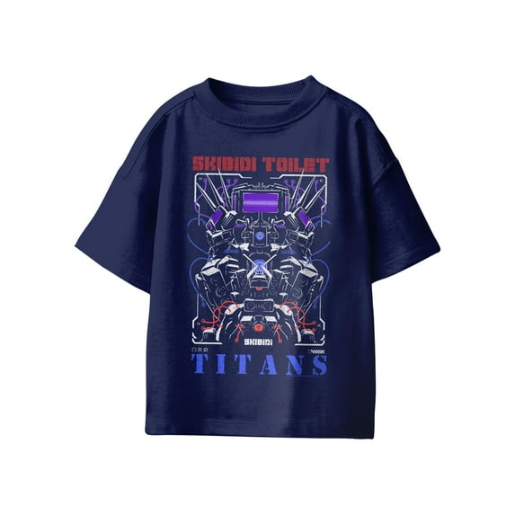 Skibidi Toilet Titans Vintage Style Boys Graphic Short Sleeve T-Shirt (Navy, S-XL)