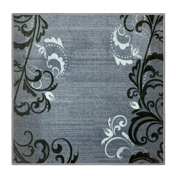 Skid-Resistant Carpet Indoor Area Rug Floor Mat – Elegant Scroll – Silver Gray – 3 Feet X 3 Feet