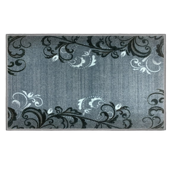Skid-Resistant Carpet Indoor Area Rug Floor Mat – Elegant Scroll – Silver Gray – 3 Feet X 5 Feet