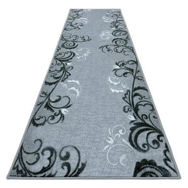 Skid-Resistant Carpet Runner – Elegant Scroll – Silver Gray – 12 Feet X 26 Inches