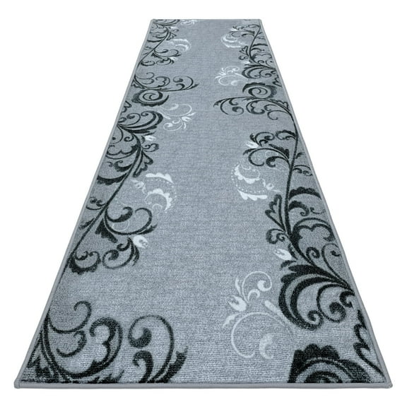 Skid-Resistant Carpet Runner – Elegant Scroll – Silver Gray – 6 Feet X 26 Inches