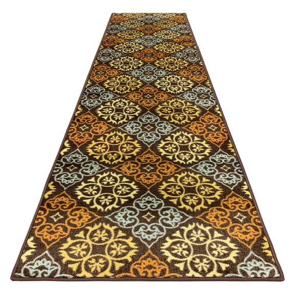 Skid-Resistant Carpet Runner – Kaleidoscope Bloom – Autumn Brown – 6 Feet X 26 Inches