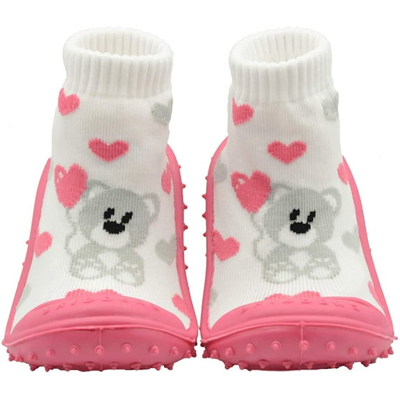Skidders Baby Girls' Slippers - Non-Skid Slipper Sock House Shoe Booties Size: 12-24M, Size 12 Months, My Valentine Bear