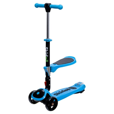 Skidee Kick Scooters for Kids, Adjustable Height, Foldable, LED Lights, Rear Brake, Ages 2-12, Blue