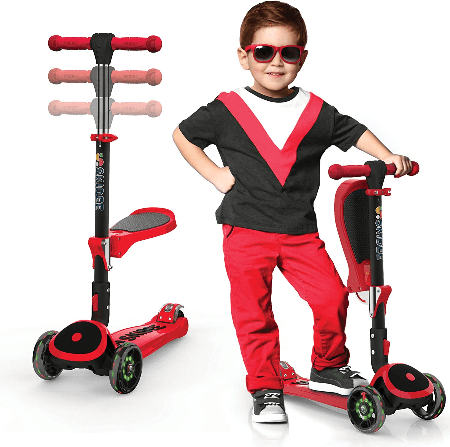 Red Adjustable Aluminum Kids Kick Scooter with LED Wheels