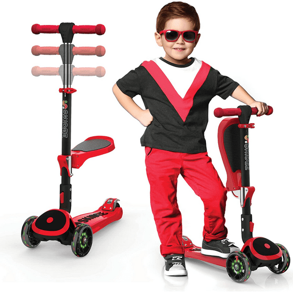 Skidee Kick Scooters for Kids, Adjustable Height, Foldable, LED Lights, Rear Brake, Ages 2-12, Red