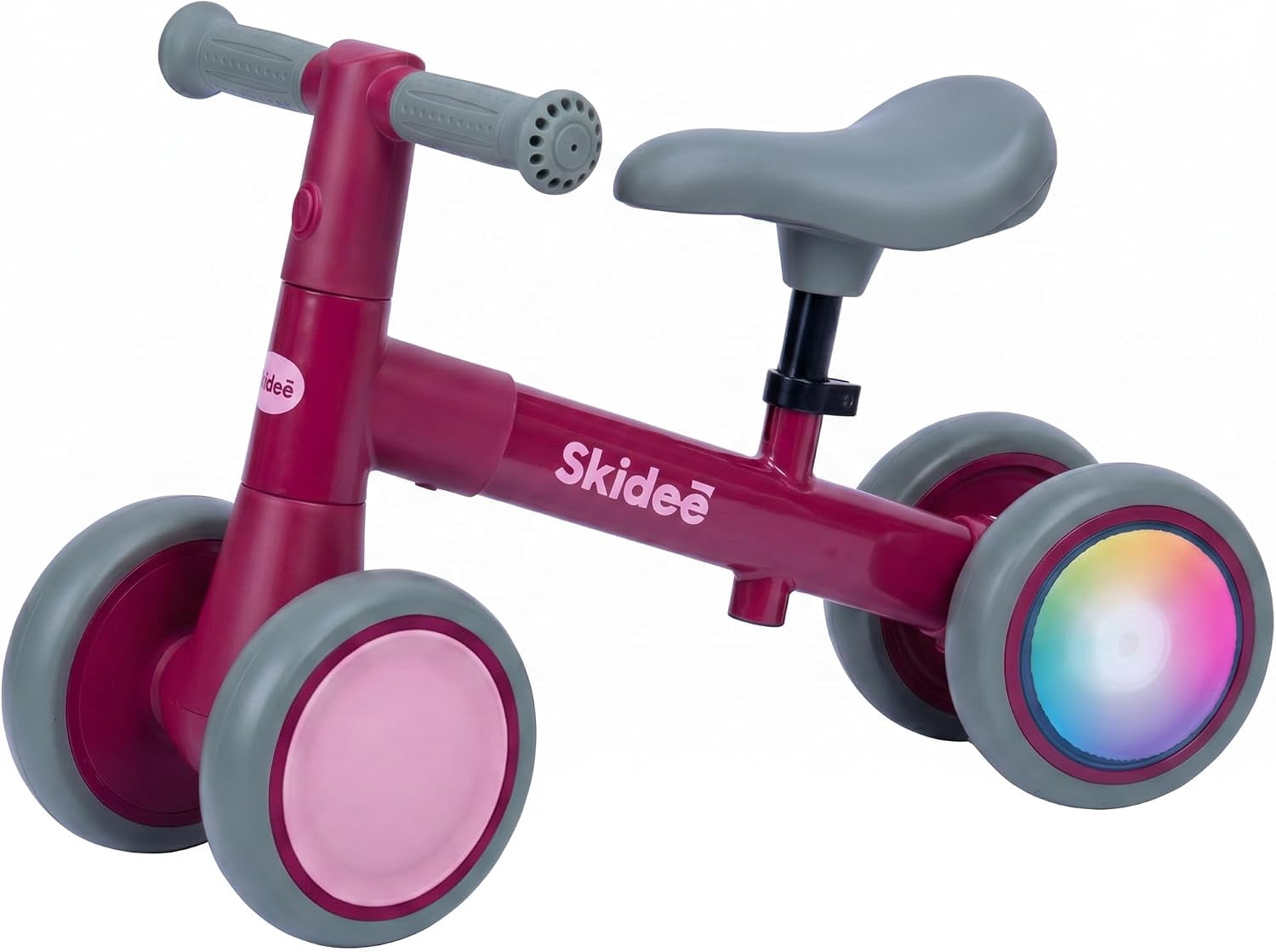 Skidee Toddler Balance Bike 1-3, 4-Wheel Balance Bike with Rare Light-Motion-Activated LED Wheels, Adjustable Height & Child Safe Steering, Lightweight Ride-On Toy Training Bike for Boys & Girls
