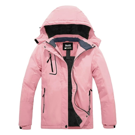 Skieer Women's Waterproof Ski Jacket Windproof Rain Jacket Winter Warm Hooded Coat Pink Medium