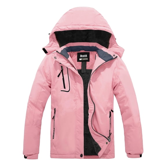 Skieer Women's Waterproof Ski Jacket Windproof Rain Jacket Winter Warm Hooded Coat Pink Small