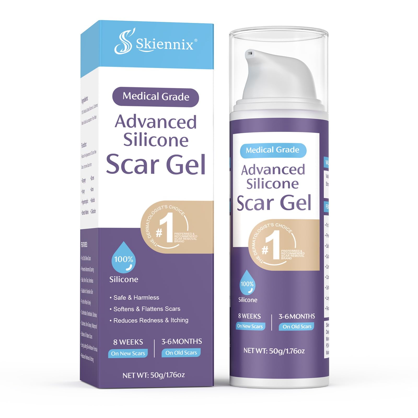 Skiennix Advanced Gel IRF13 1.76oz(50g), Silicone Cream for Surgical Scars, Reduces the Appearance of Scars from Stretch Marks, Burns, Injury, Keloids, Effective for Both Old & New Scars