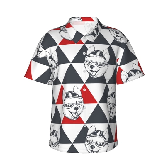 Skier Husky Dog Men's 3d Print Casual Button Down Shirts, Novelty Hawaiian Short Sleeves S
