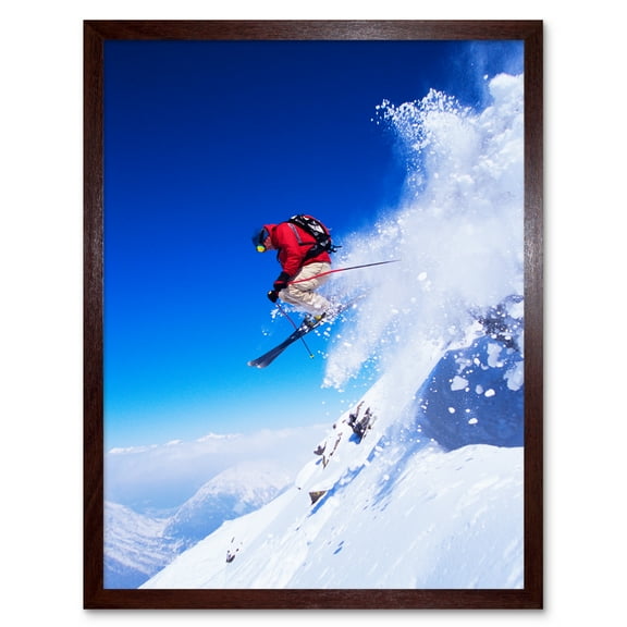 Skier Jumping Slope Skiing Snow Sport Alps Winter Landscape Ski Action Photo Art Print Framed Poster Wall Decor 12x16 inch